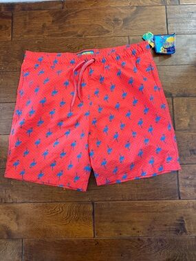 Society Red Swim Trunks with Blue Flamingo Print